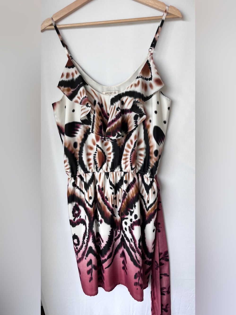 Vintage Arden B Cream Brown Mauve Ruffle-Front Printed Midi Dress